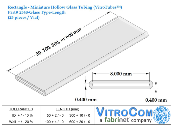 Hollow Rectangle Capillaries ID 0.40 x 8.00mm (25 capillaries per pack)